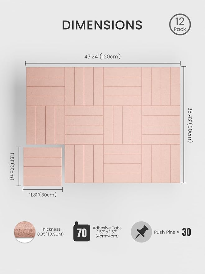 Bumusty Large Cork Board Alternative-48 x 36" Felt Bulletin Board Tiles, with 30 Pushpins, 70 Adhesive Tabs, 12-Pack Slat Wall Paneling, Cork Boards for Office Push Pin Board Felt Board-Pink