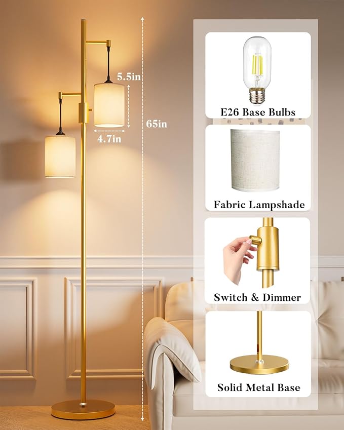 Lightdot 65IN Gold Floor Lamp for Living Room, Industrial 2-Light Tree Floor Lamps with Linen Shade, Mid Century Modern Standing Tall Pole Lamp for Bedroom/Sofa Beside/Corner Decor-Gold(Bulb Included)