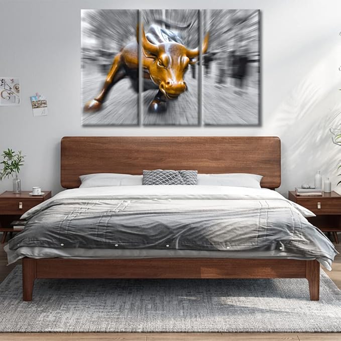Black and White Copper Bull Photography Print, Wall Street Bull Canvas Artwork Stretched and Framed, Symbol of Strength and Courage Canvas Wall Art Ready to Hang - 36" Wx24 H