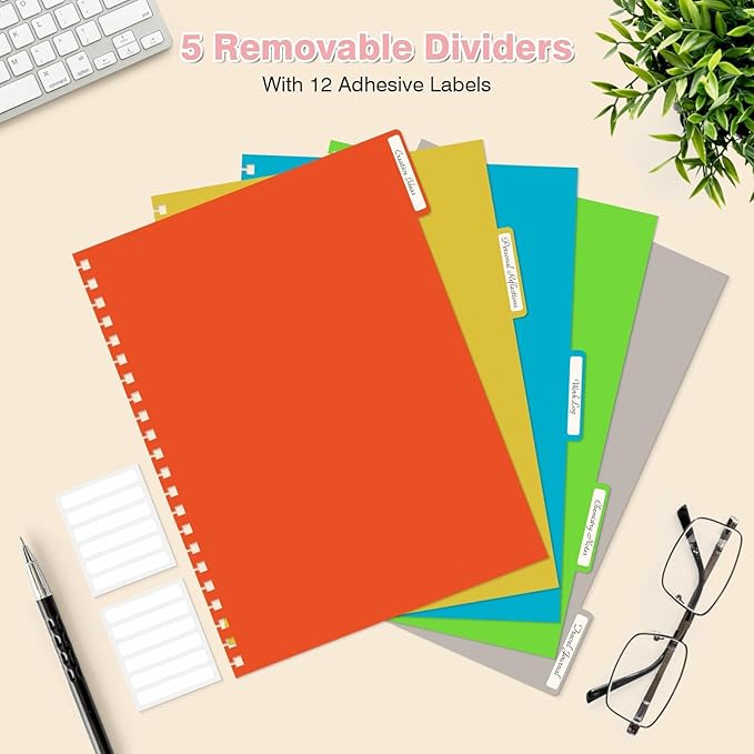 5 Subject Notebooks College Ruled, Spiral Lined Notebook with Removable Dividers, 300 Pages 100GSM Thick Spiral Writing Journal for Women & Men, Large A5 Notebooks for Work, School Supplies, 6" x 8"
