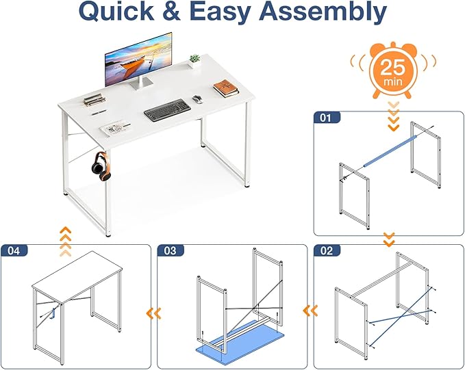 Casaottima 40 Inch Small Computer Desk for Home Office, Study Writing Table for Small Spaces, Simple Modern Desk with Headphone Hooks, White