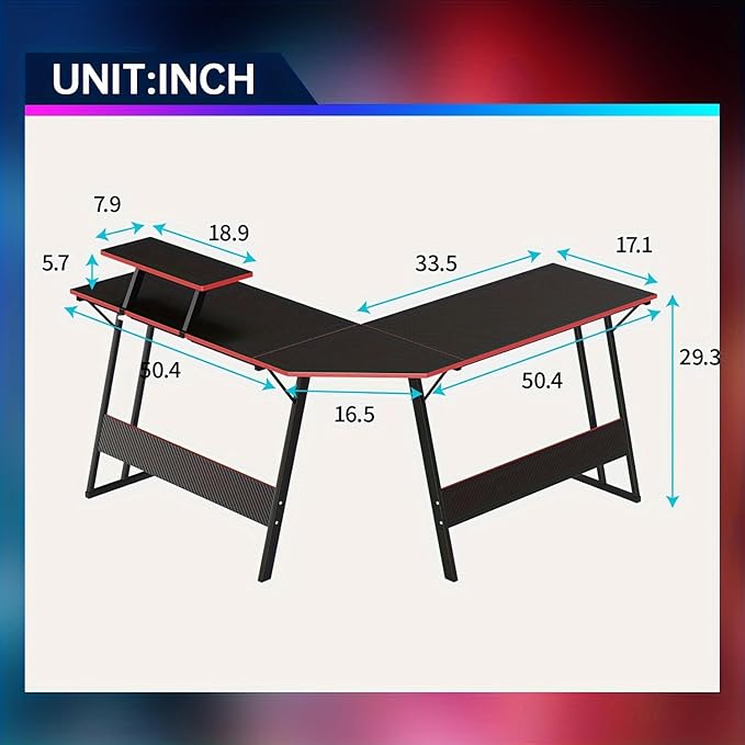 Home Office Desk 50 Inches, Corner Computer Desk, L Shape Desk, Gaming Desk with Large Monitor Stand and Carbon Fiber Surface, Home Office Study Writing Workstation, Black