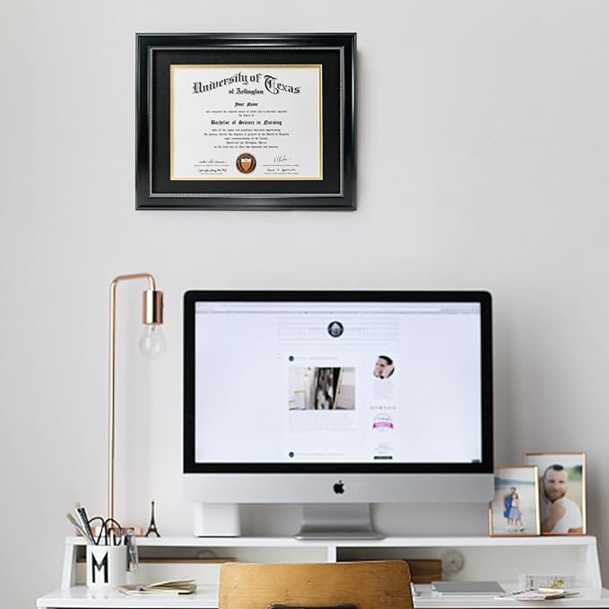 GraduationMall 8.5x11 Diploma Frame with Black over Gold Mat or Display 11x14 Document without Mat, UV Protection Acrylic, Black with Silver Beads, Set of 2