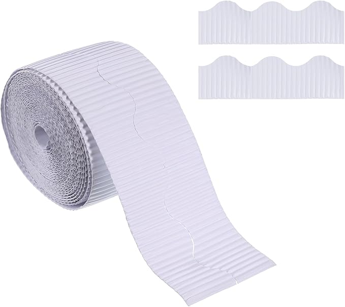 PATIKIL 3.9inch x 49.2ft Bulletin Board Border, Scalloped Trim Paper Corrugated Paper for Locker Classroom Decor Black White Cork Poster Boards, White