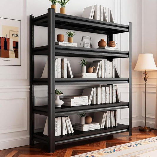 Tall 5 Tier Bookshelf - Heavy Duty Metal Bookcase, Adjustable Industrial Design - Wide Storage for Living Room/Library/Study, Black