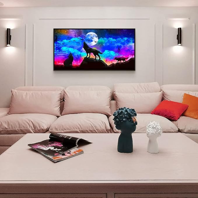 Framed Canvas Wolf Landscape Painting Wall Art For Living Room Bathroom Wall Decor For Bedroom Kitchen Artwork Canvas Art Prints Modern Office Home Decorations Blue Starry Sky Hang Pictures