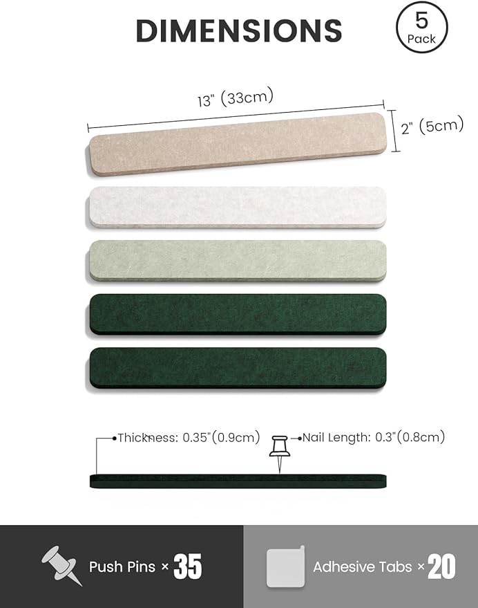 Fluxynara Cork Board Alternative Felt Strip Board 5-Pack 13"x2", Office Pin Board with 35 Push Pins, Adhesive Install for Bedroom Door & Home Office(Nordic Moss)