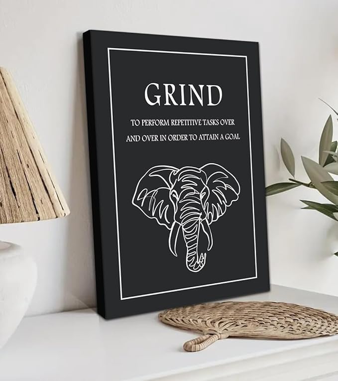 Grind Canvas Wall Art - Inspirational Quote Print with Elephant Illustration, Repetitive Efforts for Success Poster Black and White Motivational Wall Decor for Office Gym Home, Framed 18"x24"