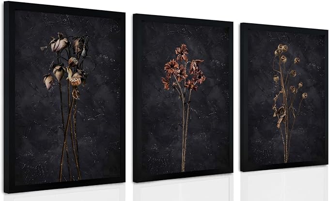 3 Piece Black Framed Dried Flower Wall Art Set Modern Minimalist Wall Decor For Living Room Bedroom Home Decoration Art Prints 12x16 Inches Wood Framed Easy to Hang
