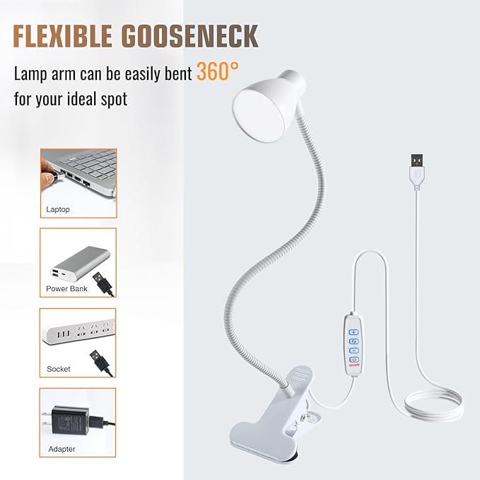 Clamp Desk Lamp, Clip on Reading Light, 3000K-6500K Adjustable Color Temperature, Multiple Illumination Modes, CRI>90, 6Watts (Adapter Included)