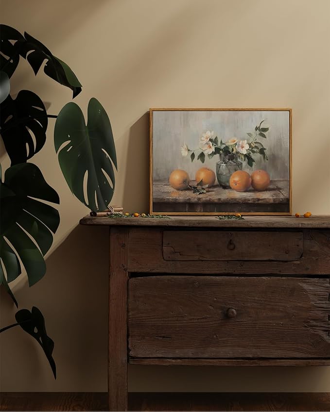 ARPEOTCY Framed Canvas Wall Art, Farmhouse Vintage Wall Decor, Oranges Still Life Painting for Country Kitchen Bedroom Shelf, Rustic Cottagecore Pictures Decorations, 12x16inch