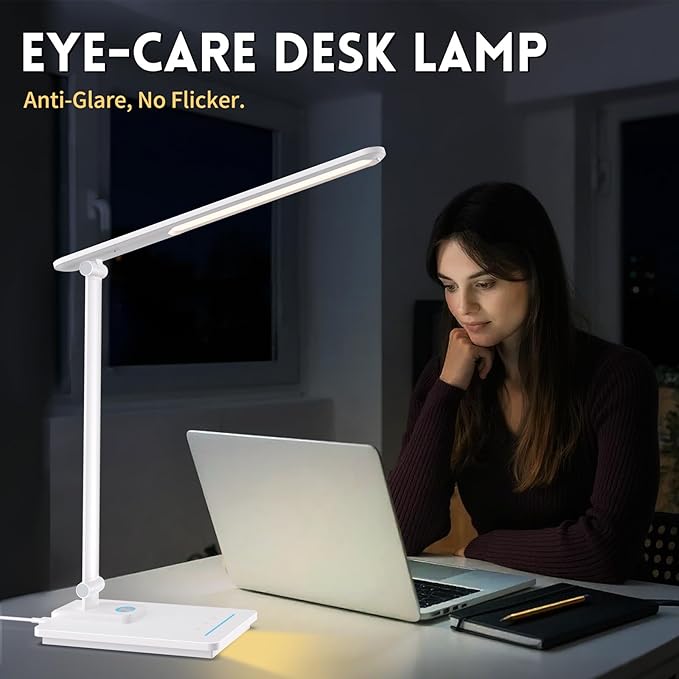 LED Desk Lamp for Home Office, USB Charging Port, Reading Desk Light with 5 Color Temperatures, Stepless Dimming, Table Lamp with Timer, Night Light, Foldable Desk Lamp for College Dorm Room (White)