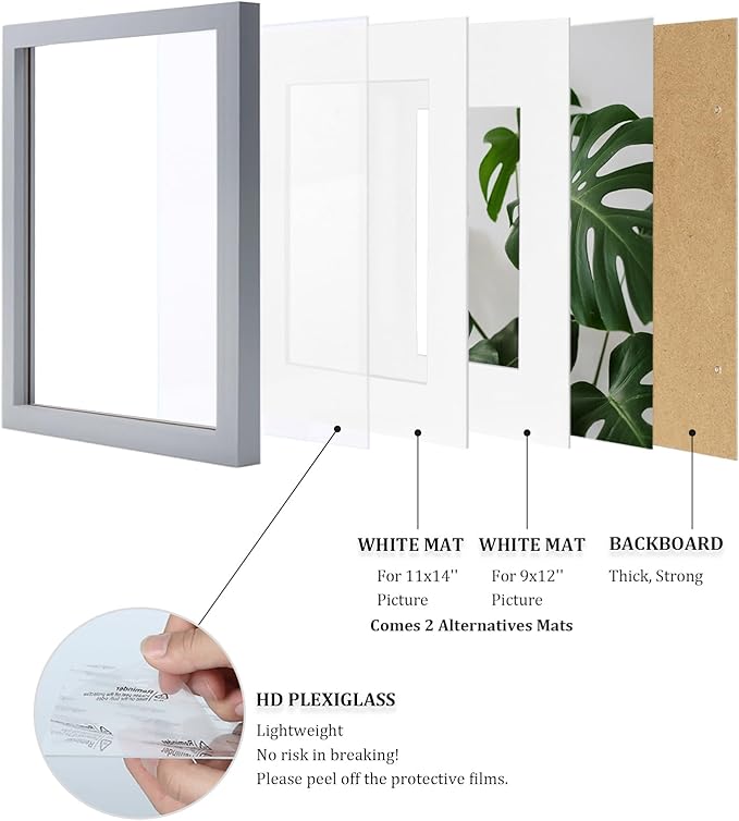 Egofine 12x16 Picture Frames with Plexiglass, Display Pictures 9x12/11x14 with Mat or 12x16 Without Mat Set of 4 for Wall Mounting,Light Grey