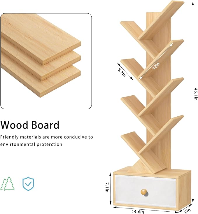 8 Tier Tree Bookshelf with Drawer, Free Standing Wood Bookcase for Narrow Space, Storage Organizer Bookshelves for Books, Book Case for Home Office, Living Room, Bedroom - Natural