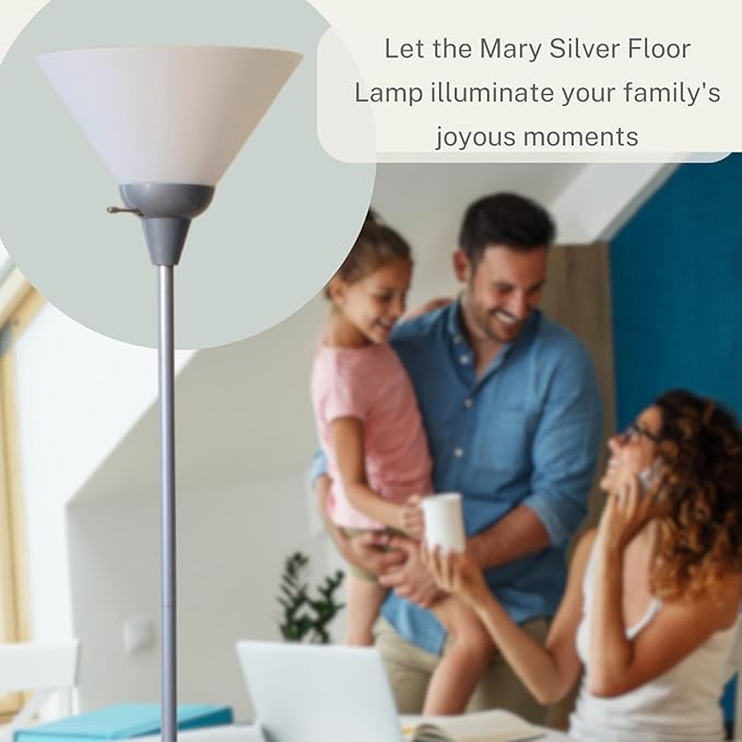 LIGHTACCENTS Mary Torchiere Floor Lamp – Silver Standing Lamp with White Shade and Rotary Switch, Modern Pole Light for Living Room, Bedroom, Office, or Dorm – Slim Minimalist Design
