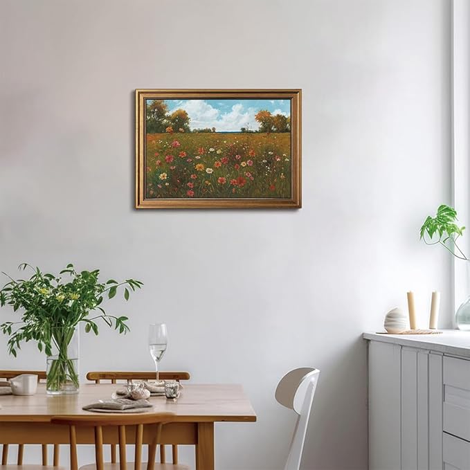 Gold Framed Wall Art Vintage Floral Canvas Wall Art Floral Countryside Blooming Wildflowers Artwork Prints Picture for Living Room Bedroom Farmhouse Bathroom Office Decor, 16x24
