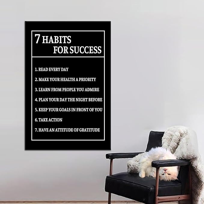 Motivational Wall Art for Office Decor 7 Habits for Success Inspiring Poster Inspirational Picture Print Artwork for Modern Home Office Gym Wall Decor Stretch and Framed [24''Wx36''H]