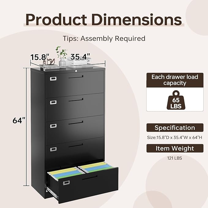 5 Drawer Lateral File Cabinet with Lock, Metal Filing Cabinets for Home Office, Wide Locking File Caninets, Black Office Storage Cabnet for Hanging Letter/Legal / A4 / F4 - Assembly Required