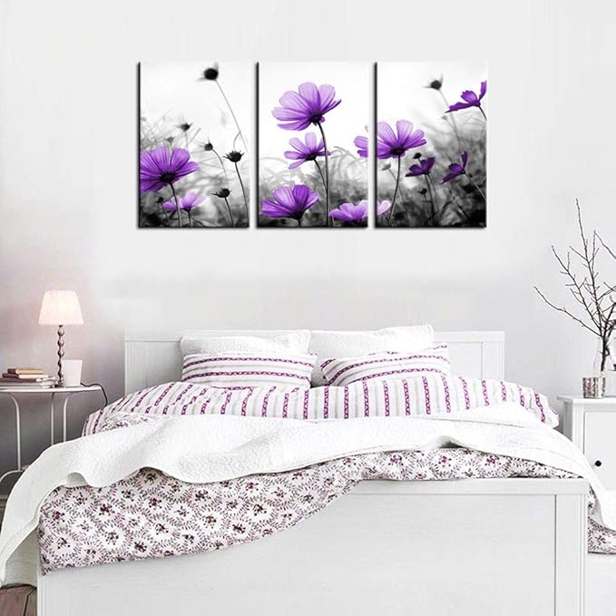 Flowers Wall Art Canvas Pictures Purple Wildflowers Black and White Background 3 Piece Canvas Art Blossom Contemporary Artwork for Home Decoration Office Kitchen Wall Decor 16"x 24" x 3 Panels