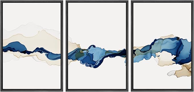 SIGNWIN 3 Piece Framed Canvas Wall Art Blue and Brown Watercolor Nature Wilderness Illustrations Abstract Traditional Relax/Calm Home Artwork Decoration for Living Room,Bedroom - 24"x36"x3 Black