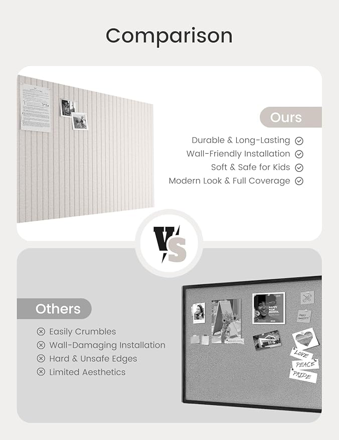 Bumusty Large Cork Board Alternative-48 x 36" Felt Bulletin Board Tiles, with 30 Pushpins, 70 Adhesive Tabs, 12-Pack Slat Wall Paneling, Cork Boards for Office Push Pin Board Felt Board-Oatmeal