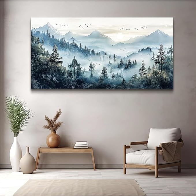 FUHAIHUA Canvas Wall Art For Living Room Large Wall Decor For Office Bedroom Decorations Mountain Landscape Pictures Forest Fog Painting Artwork Room Wall Mural Aesthetic Home Decor 30x60 In