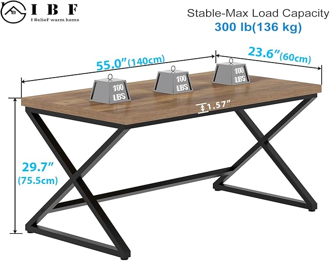 IBF Rustic Computer Desk, Modern Metal Home Office Desk, Farmhouse Work Study Writing Desk in Bedroom, Minimalist Wood Laptop Executive Workstation Computer PC Gaming Table, Rustic Oak, 55 in