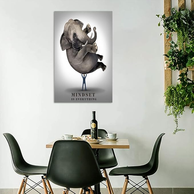 Abstract Large Office Canvas Artwork HD Print Painting Pictures Mindset is Everything Print Poster Elephant and Business Man Wall Art Gallery Wrapped Framed Home Classroom Study Room Decor-28 Wx44 H