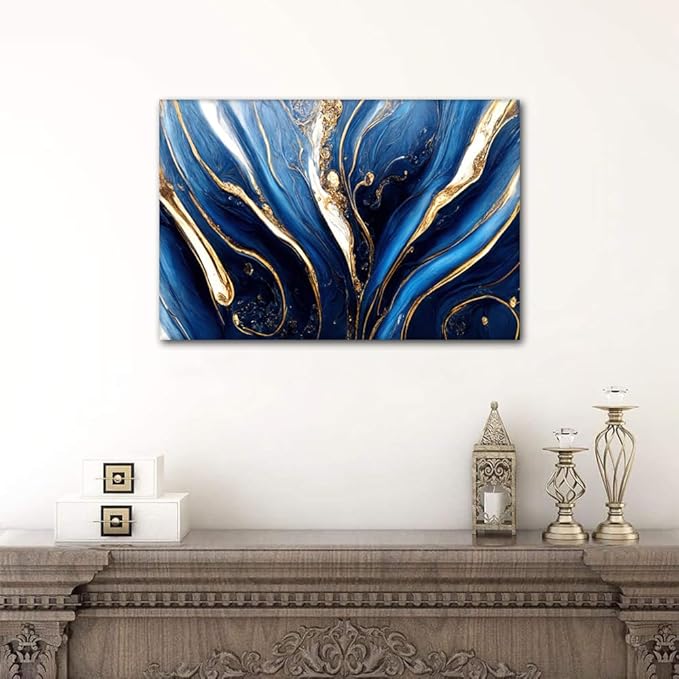 Canvas Wall Art for Living Room Decor Abstract Illustration Printing Blue Gold and White Colors Poster Prints on Canvas for Native Americans 1 Panel Bedroom Wall Decor Framed Ready to Hang 36x24 in