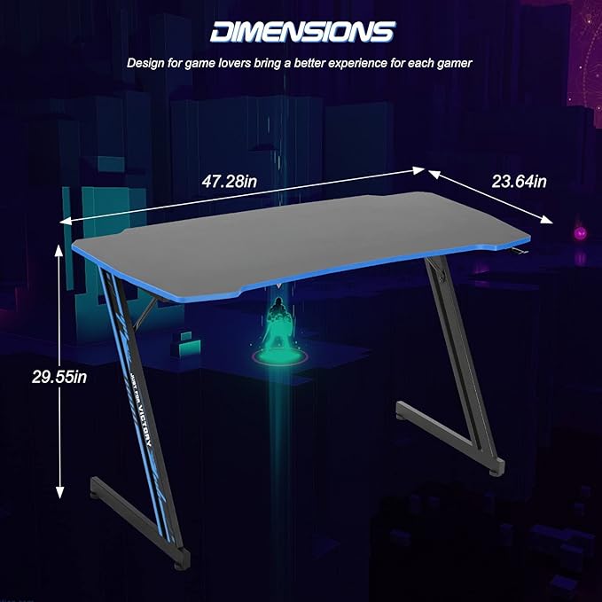 BestOffice Gmaing Desk Z Shaped 47 inch Gaming Workstation Ergonomic Gaming Table PC Computer Desk with Headphone Hook for Game Players, Blue