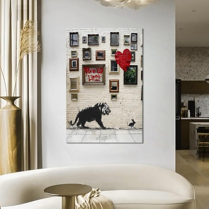 Modern Home Office Wall Decor Paintings Run for Your Lives Motivational Graffiti Artwork Tiger and Rabbit Poster and Prints Framed Easy to Hang-24x36 inch