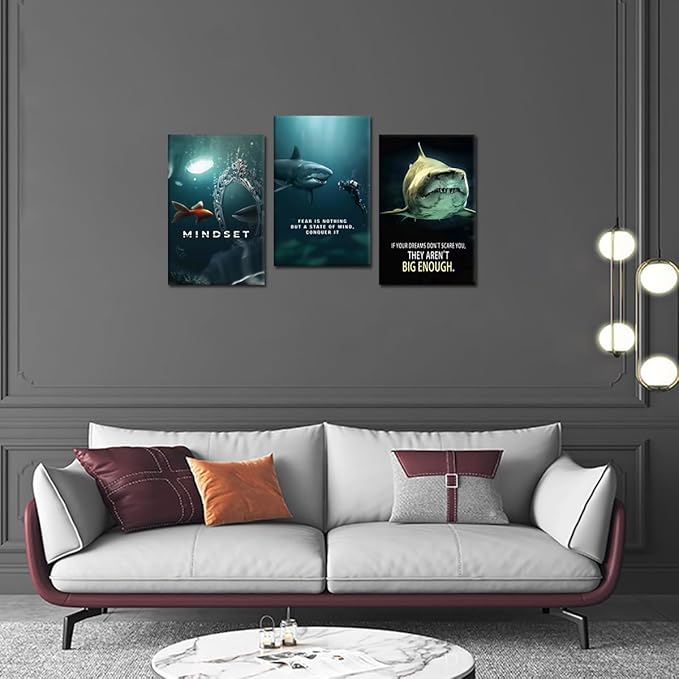 Inspirational Quotes Wall Art - Modern Shark Canvas Print Framed Mindset Posters Motivational Wall Decor for Office Gym Living Room Home (24 x 36 in x 3 Set)