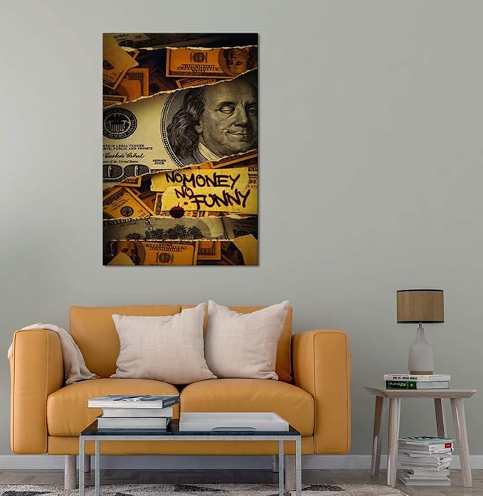 Modern Home Decor Money Canvas Paintings Franklin Dollar Bill Wall Art Inspirational Funny Humor Artwork No Money No Funny Wall Picture Framed Easy to Hang-24x36 inch