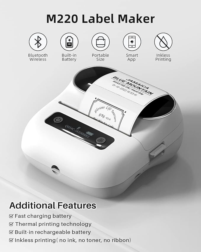 Phomemo M220 Label Maker White & 1 Roll Transparent Thermal Label 1.96"x1.18"(50x30mm), Upgrade 3 Inch Barcode Portable Printer, for Office & Small Business, Compatible with Phones&PC
