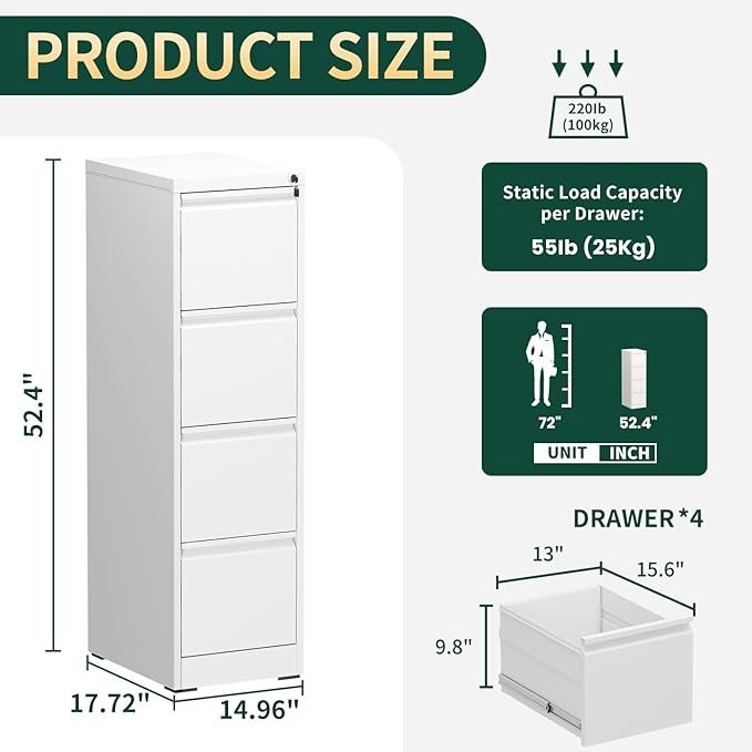 4 Drawer File Cabinet with Lock, Vertical File Cabinet with Lock, Locking File Cabinet Hanging Files for A4/ Legal/Letter, Require Assembly, White