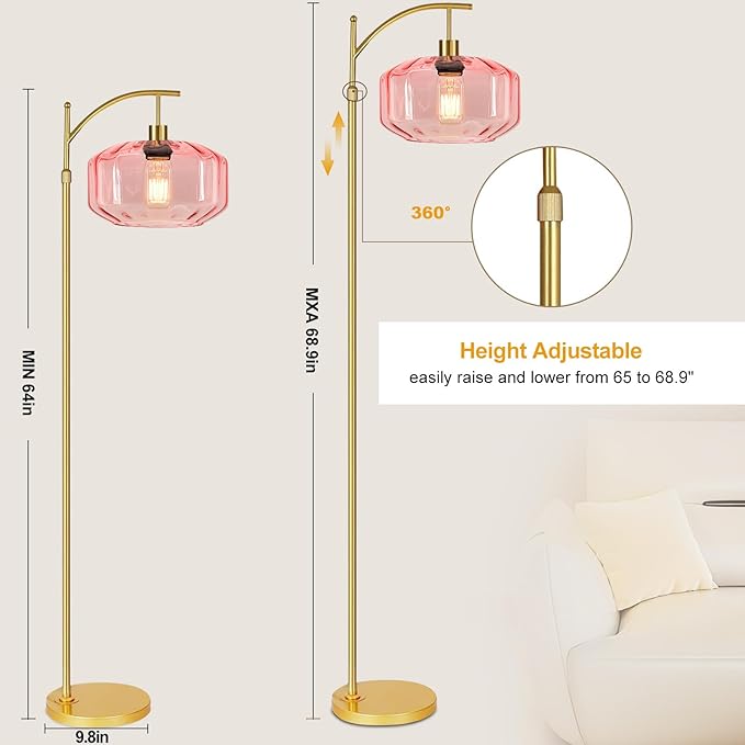 Gold Floor Lamps for Living Room Bedroom,Glass Floor Lamp with Remote Control & Pink Lampshade,Arc Dimmable Floor Lamp Mid Century Modern Standing Lamp Vintage Tall Floor Lamps for Bedroom Corner