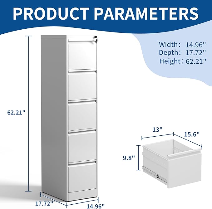 5 Drawer File Cabinet with Lock, Metal Filing Cabinet for Home Office, Vertical File Cabinet for Letter/Legal/A4/F4 Documents, Easy to Assemble Steel Storage Cabinet