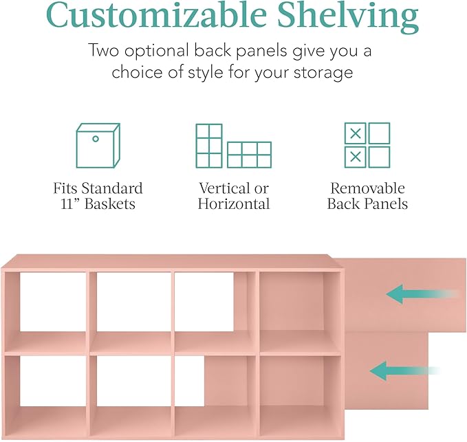 Best Choice Products Kids Bookcase 8-Cube Storage Organizer, 11in Shelf Opening, Bookshelf, Toy Storage, Customizable w/ 3 Removable Back Panels – Light Pink