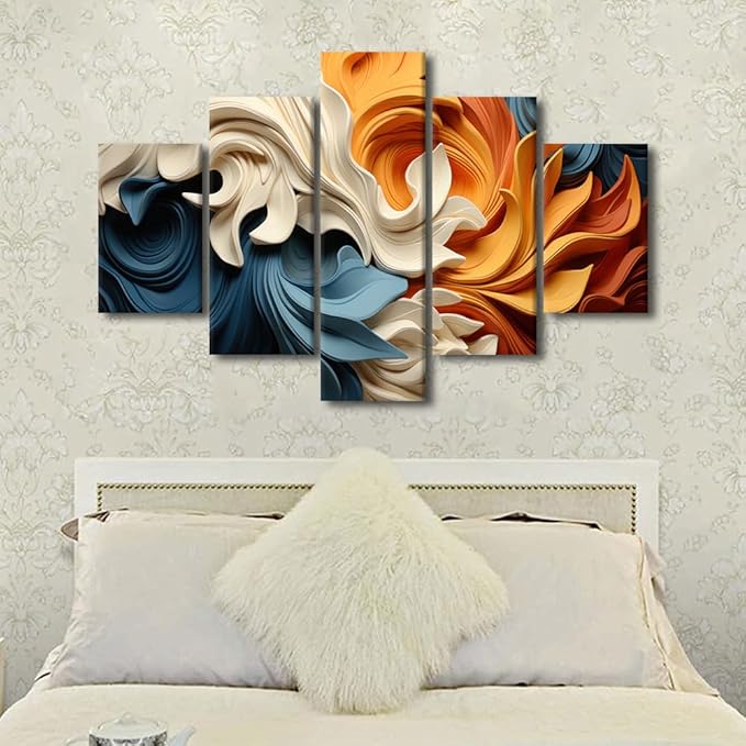 Rebotipy Abstract Canvas Wall Art Decor Modern Abstract Waves Wall Art Blue Orange Yellow Brown 5 Panel Home Wall Art for Living Room Office Wall Decor Framed Ready to Hang 60x40 in