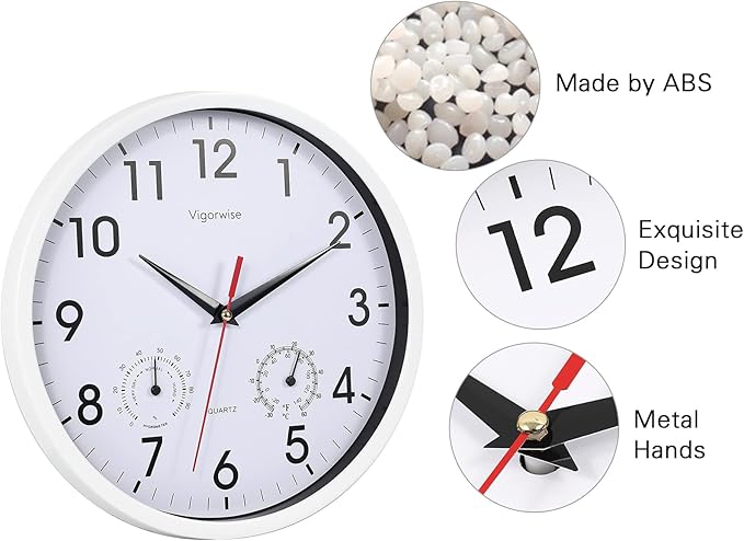 Wall Clock, Sweep Silent Movement Accurate Clocks with Temperature & Humidity, Decorative for Kitchen/Living Room/Bedroom/Office/School/Classroom (White, 10 inch)