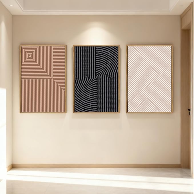 ANHUIB Extra Large Neutral Abstract Modern Canvas Wall Art Set of 3 Framed Black and White Beige Wall Decor Boho Minimalist Artwork Walls Geometric Line Painting for Living Room Bedroom Office 24x36In