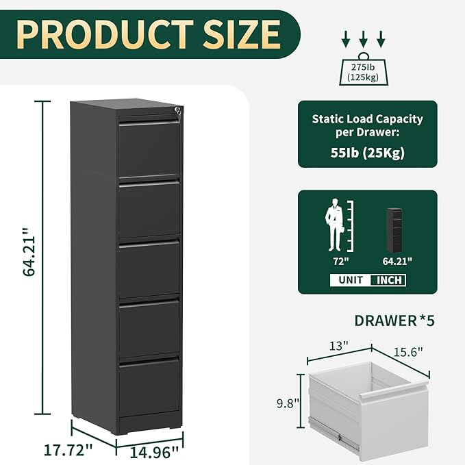 5 Drawer File Cabinet with Lock, Vertical Filing Cabinets for Home Office, Locking File Cabinet Hanging Files for A4/ Legal/Letter, Require Assembly, Black