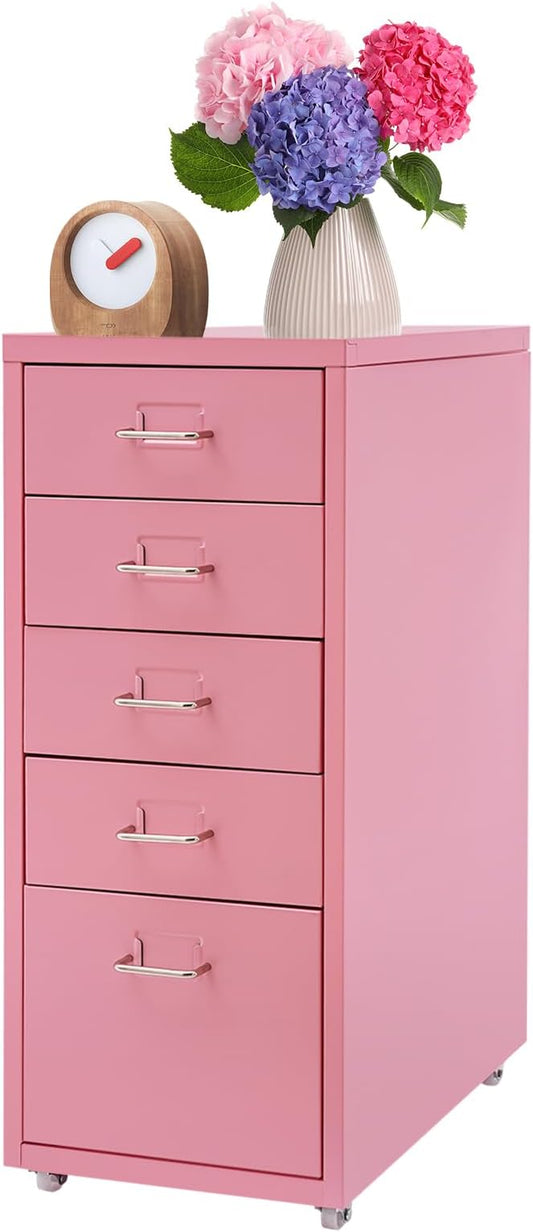 5-Drawer Mobile File Cabinet 11" D x16.1 W x27.1 H Vertical Filing Chest with Rubber Wheels and Tag Slot for Kitchen Bedroom Living Room Office (Pink)