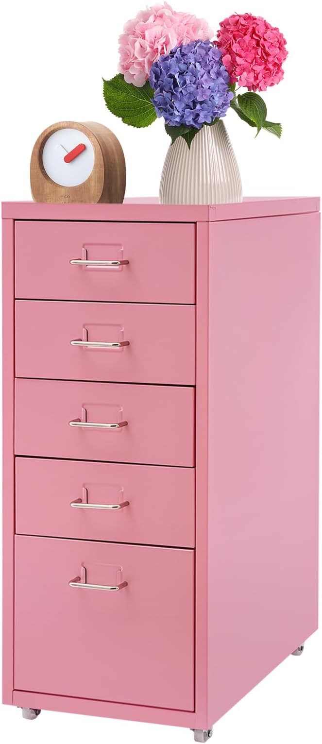 Metal File Storage Cabinet, 5 Drawer Vertical Filing Cabinets with Wheels Under Desk Storage Drawers, 11 * 16.1 * 27.1in Mobile File Cabinets Under Desk Cabinet for Bedroom, Office (Pink)