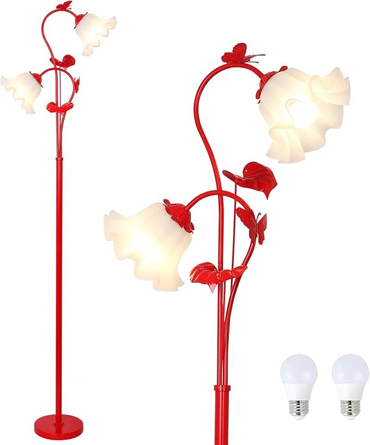 HMVPL Red Floor Lamp for Living Room, Flower Standing Lamp with 2 LED 5W Blubs, Foot Switch, Floral Tall Lamp with Acrylic Shade, Antique Lotus Flower Floor Lamp for Living Room Office Reading