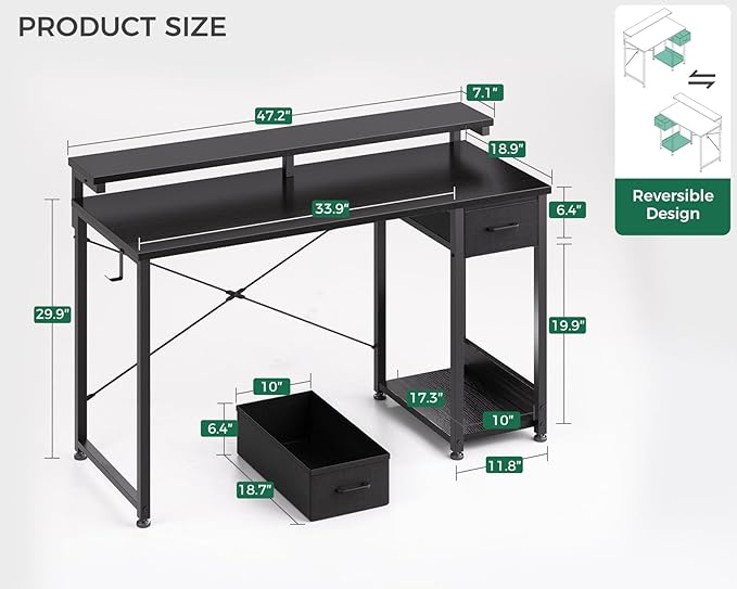 AODK Gaming Desk with LED Lights, 48 Inch Computer Desk with Drawers, Reversible Small Desk with Monitor Stand & Headphone Hook for Home Office, Black