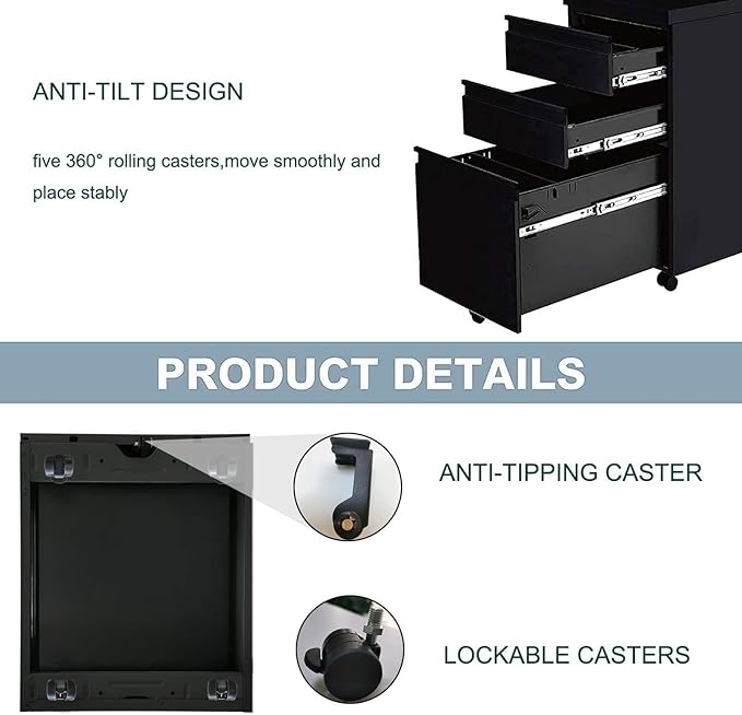 Yiguo 3-Drawer Mobile File Cabinet with Lock, Rolling Office File Cabinet Under Desk, Metal Filing Cabinet with Wheels for Legal Letter A4 File Size (Black)