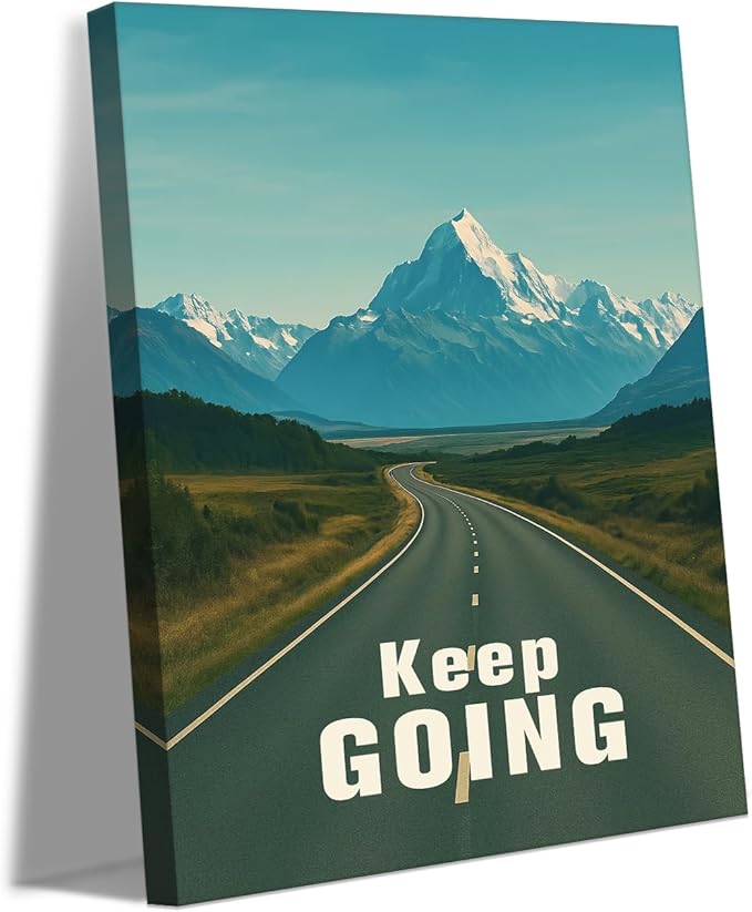 Keep Going Canvas Wall Art - Motivational Landscape Print with Stretching Highway and Snowy Mountains, Inspirational Landscape Artwork for Office Home Living Room Wall Decor, Framed 18"x24"
