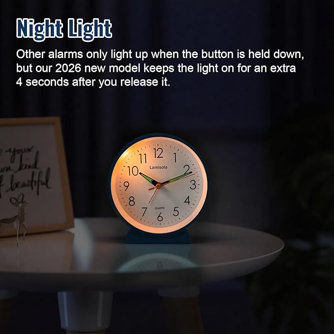 4.5 Inch Small Silent Analog Alarm Clock, Retro Battery Operated Desk Clock with Night Light Stays On 4 Seconds Vintage Metal Table Clock for Bedside, Bedroom, Office, Bathroom - Navy Blue