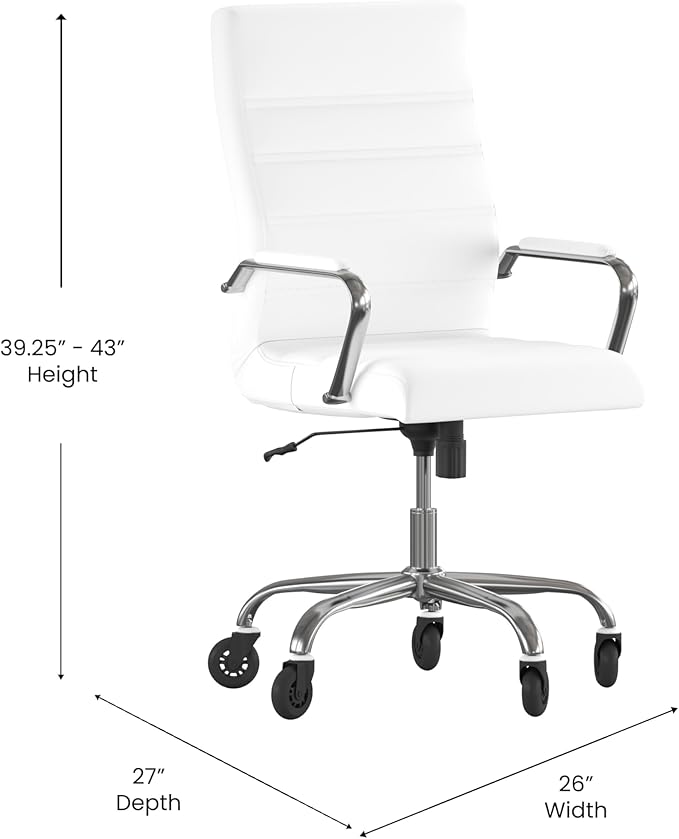 Flash Furniture Whitney High Back White LeatherSoft Executive Swivel Office Chair with Chrome Frame, Arms, and Transparent Roller Wheels